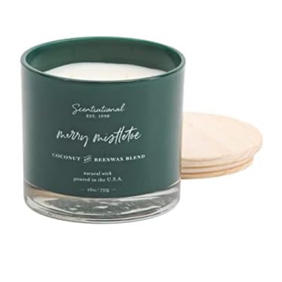 Scentsational Merry Mistletoe Candle Glass Jar 26oz Coconut Beeswax Green Jar